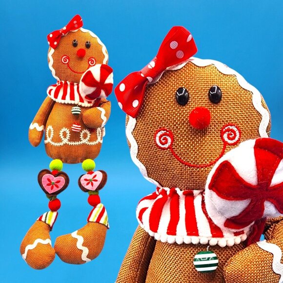 Gingerbread Girl Plush Shelf Sitter Doll Peppermint & Polka Dot Bow Holiday Deco - Picture 2 of 8